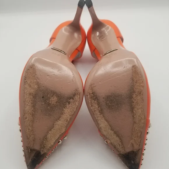 GUCCI Malage Kid Vibrant Orange Leather Studded T-strap Pump EU 36.5